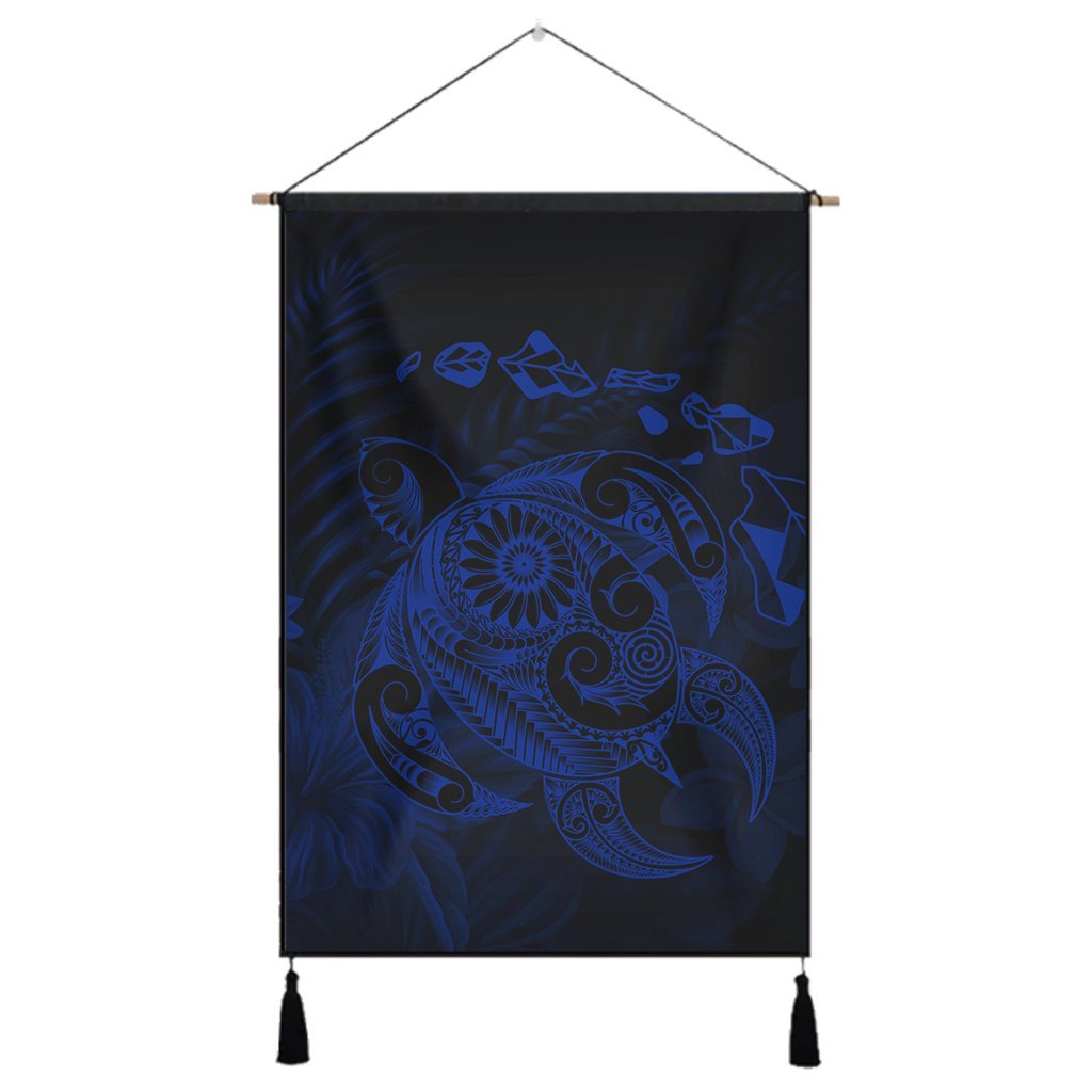Hawaiian Map Turtle Tattoo Hibiscus Plumeria Polynesian Hanging Poster - Blue - AH Hanging Poster Cotton And Linen - Polynesian Pride