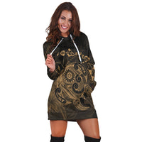 Hawaiian Map Turtle Tattoo Hibiscus Plumeria Polynesian Hoodie Dress - Gold - AH - Polynesian Pride