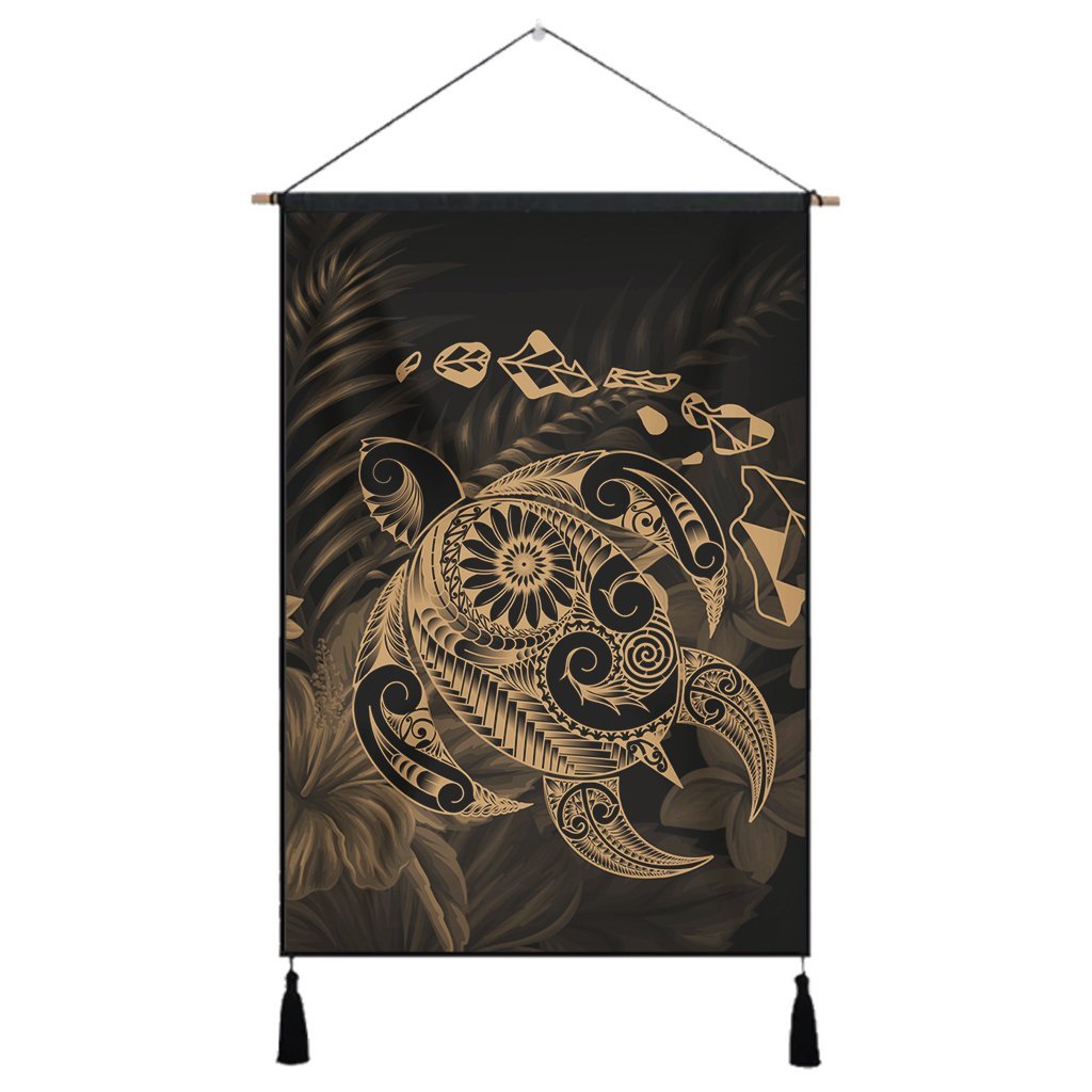 Hawaiian Map Turtle Tattoo Hibiscus Plumeria Polynesian Hanging Poster - Gold - AH Hanging Poster Cotton And Linen - Polynesian Pride