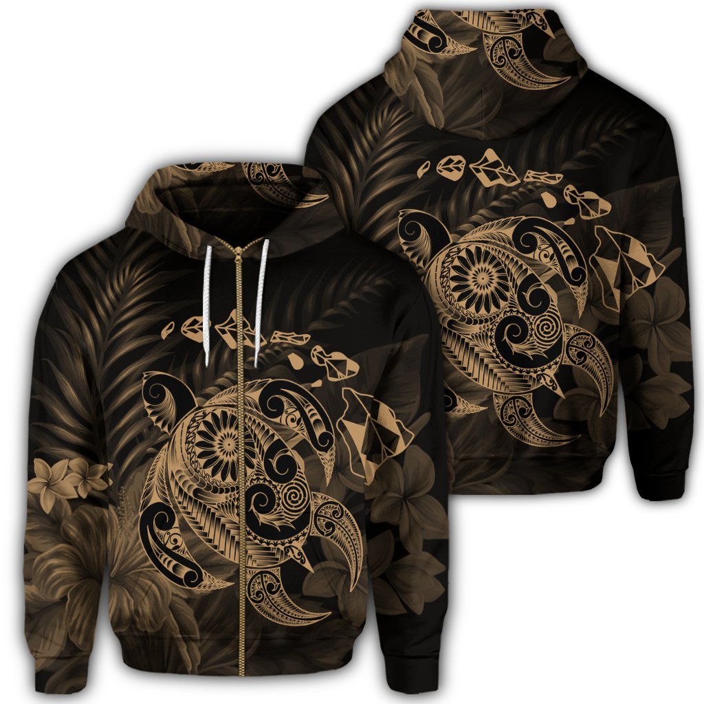 Hawaiian Map Turtle Tattoo Hibiscus Plumeria Polynesian Zip Hoodie Gold Unisex Art - Polynesian Pride