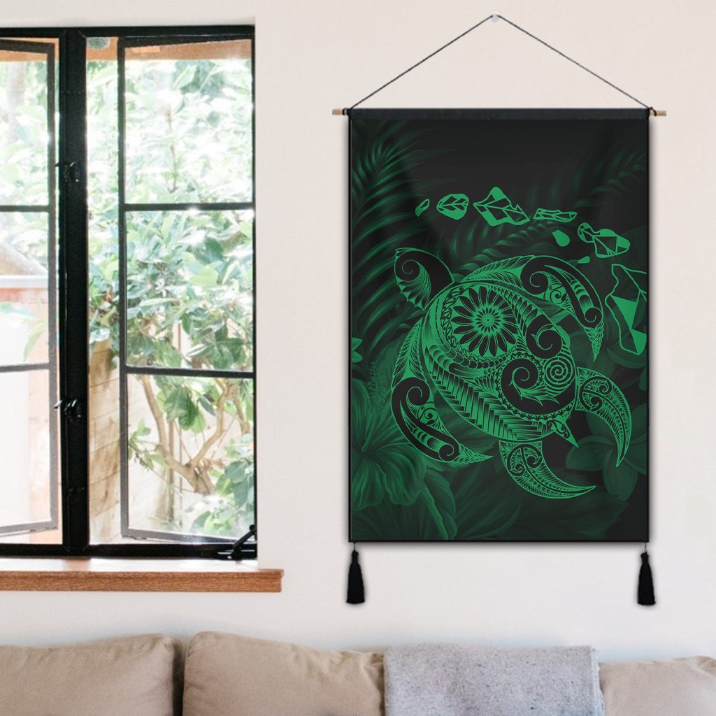 Hawaiian Map Turtle Tattoo Hibiscus Plumeria Polynesian Hanging Poster - Green - AH - Polynesian Pride