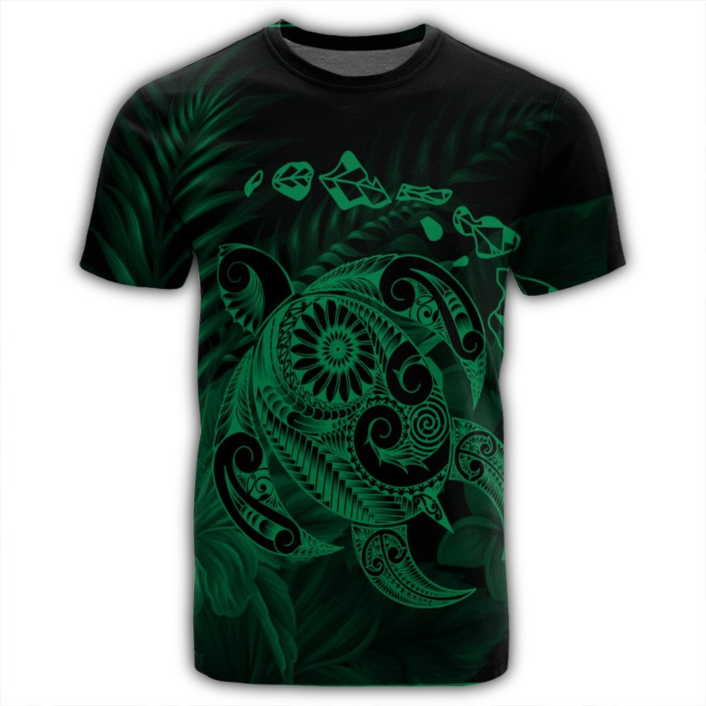 Hawaiian Map Turtle Tattoo Hibiscus Plumeria Polynesian T Shirt Green AH - Polynesian Pride