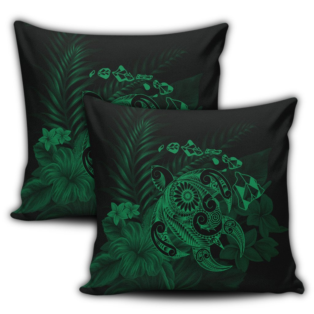 Hawaiian Map Turtle Tattoo Hibiscus Plumeria Polynesian Pillow Covers - Green - AH - Polynesian Pride