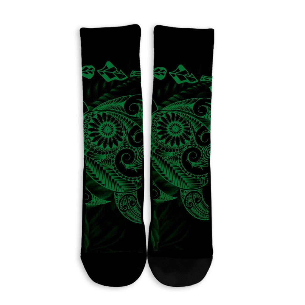 Hawaiian Map Turtle Tattoo Hibiscus Plumeria Polynesian Crew Socks - Green - AH - Polynesian Pride