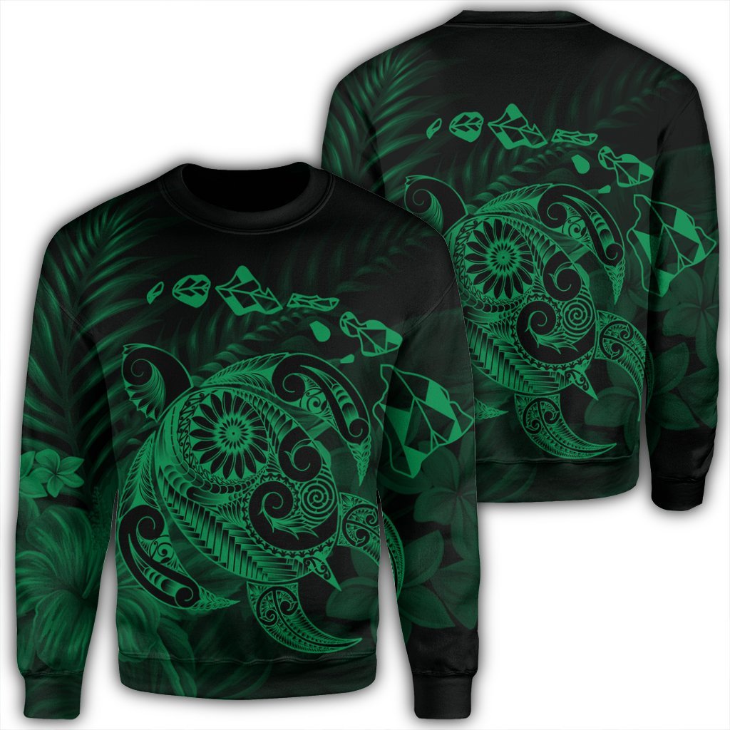 Hawaiian Map Turtle Tattoo Hibiscus Plumeria Polynesian Sweatshirt - Green - AH Unisex Black - Polynesian Pride