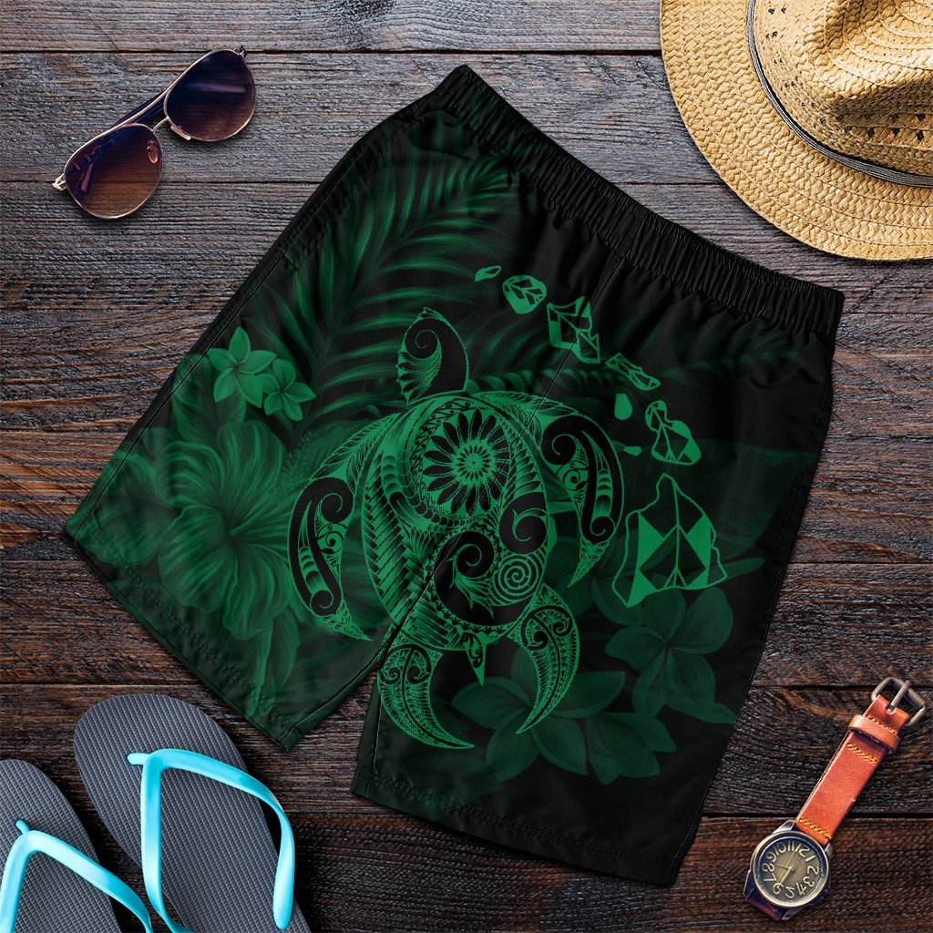 Hawaiian Map Turtle Tattoo Hibiscus Plumeria Polynesian Men's Shorts - Green - AH Art - Polynesian Pride
