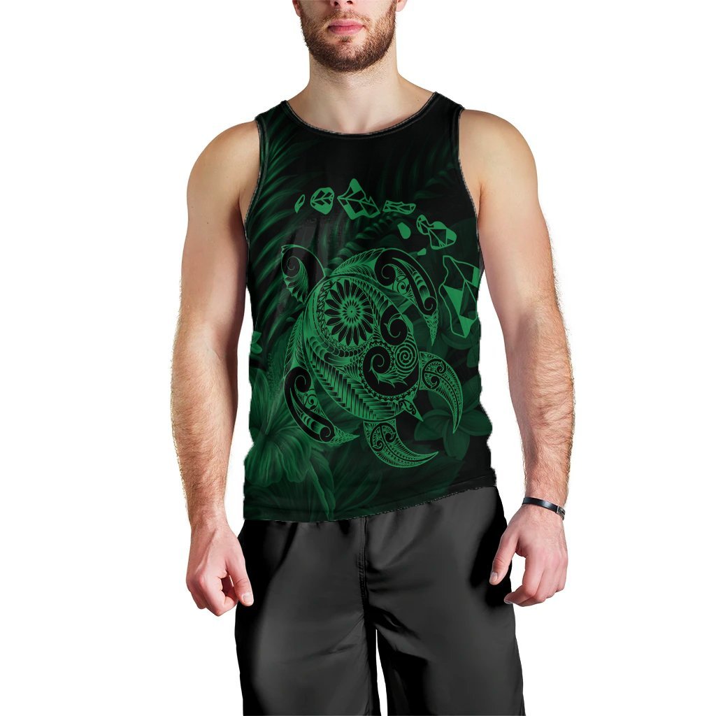 Hawaiian Map Turtle Tattoo Hibiscus Plumeria Polynesian Tank Top - Green - AH Black - Polynesian Pride