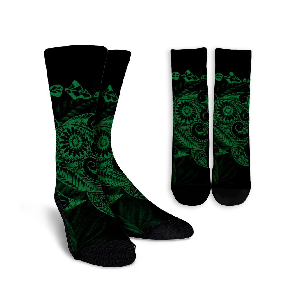 Hawaiian Map Turtle Tattoo Hibiscus Plumeria Polynesian Crew Socks - Green - AH Crew Socks White - Polynesian Pride