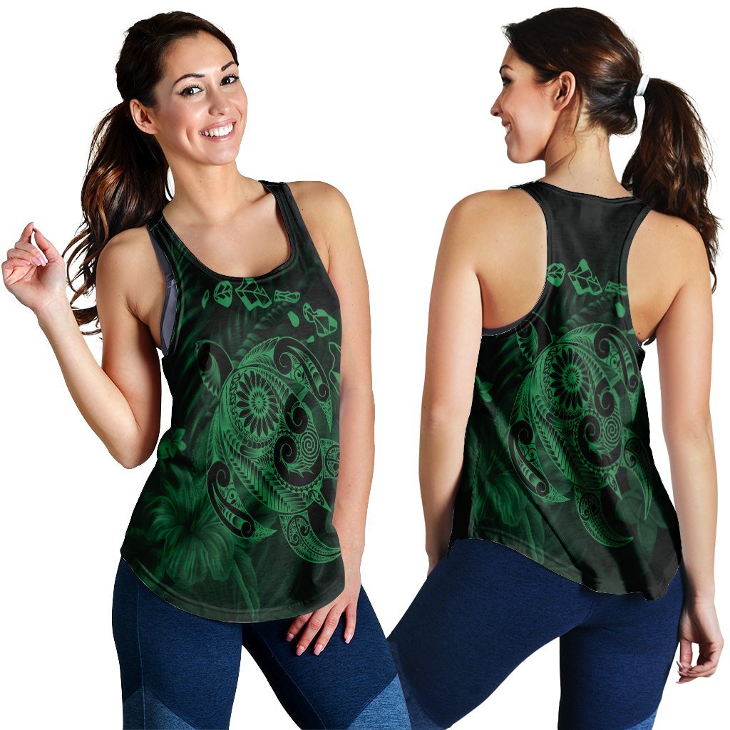 Hawaiian Map Turtle Tattoo Hibiscus Plumeria Polynesian Racerback Tank - Green - AH Black - Polynesian Pride