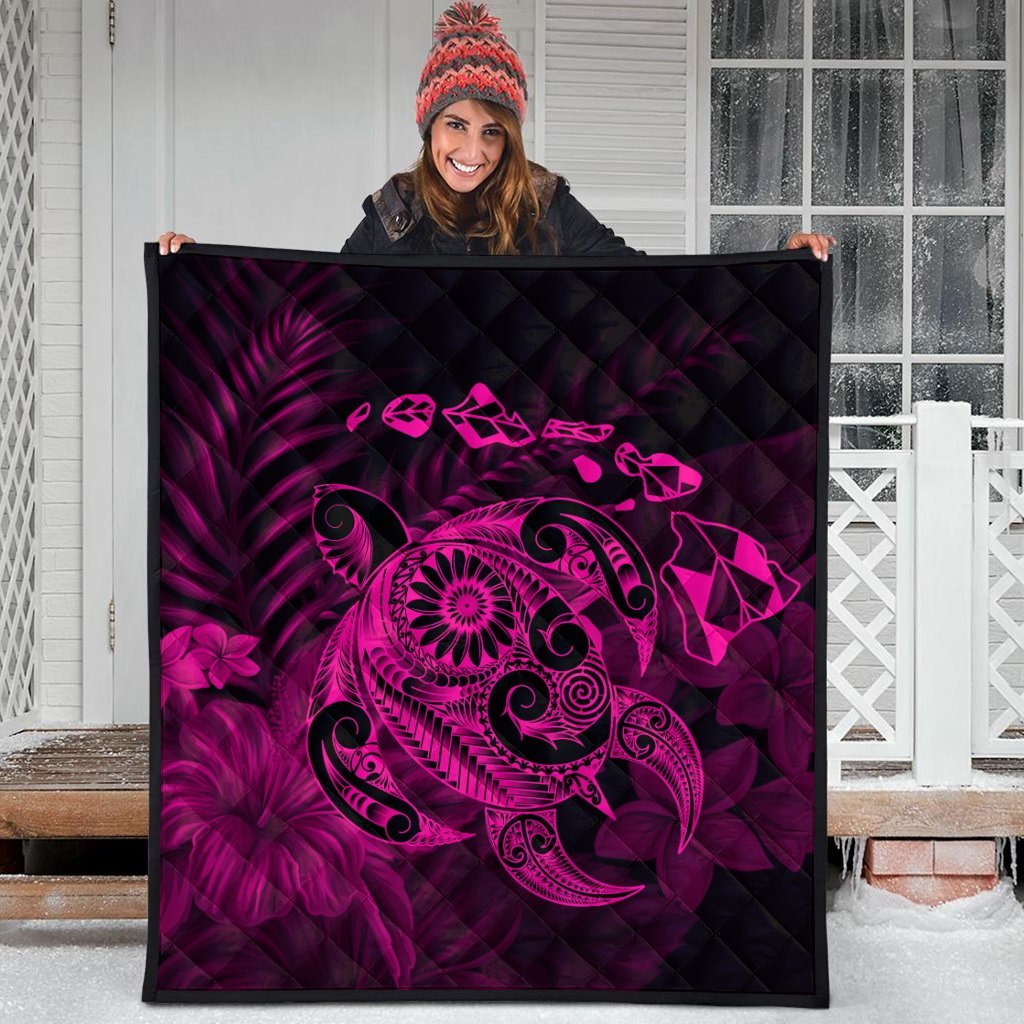 Hawaiian Map Turtle Tattoo Hibiscus Plumeria Polynesian Premium Quilts - Pink - AH - Polynesian Pride