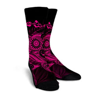Hawaiian Map Turtle Tattoo Hibiscus Plumeria Polynesian Crew Socks - Pink - AH - Polynesian Pride