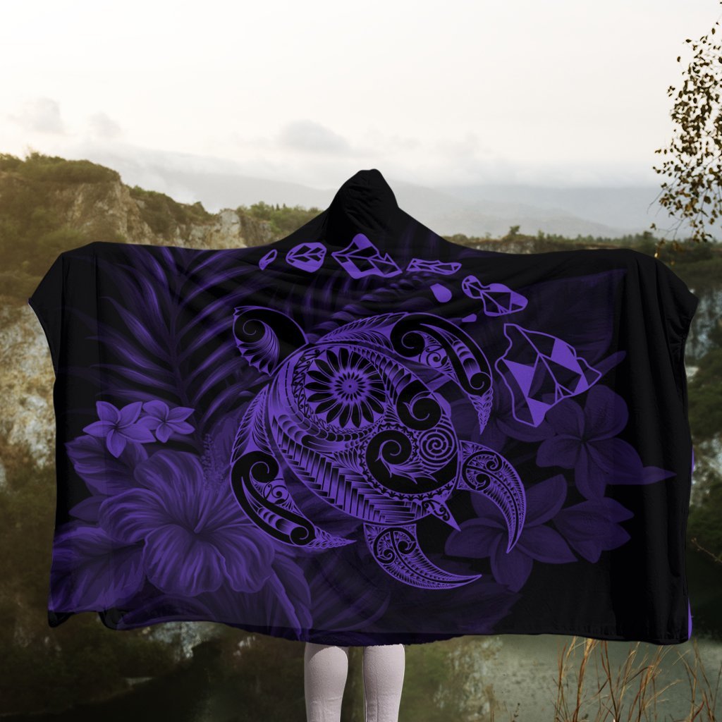 Hawaiian Map Turtle Tattoo Hibiscus Plumeria Polynesian Hooded Blanket - Purple - AH - Polynesian Pride