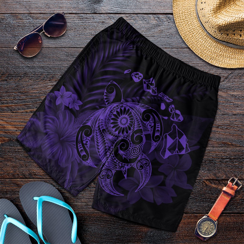 Hawaiian Map Turtle Tattoo Hibiscus Plumeria Polynesian Men's Shorts - Purple - AH Art - Polynesian Pride