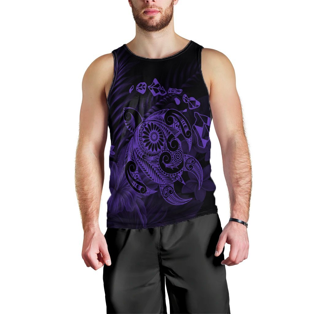 Hawaiian Map Turtle Tattoo Hibiscus Plumeria Polynesian Tank Top - Purple - AH Black - Polynesian Pride