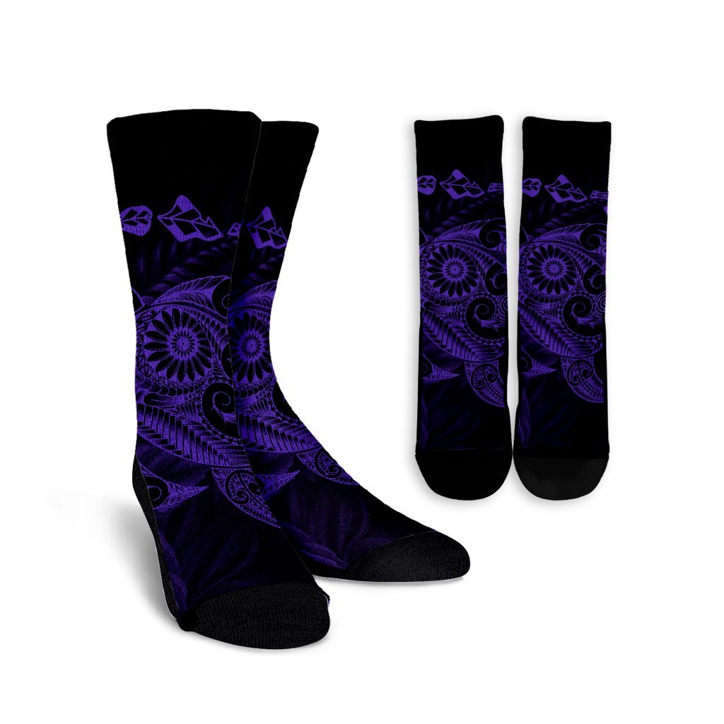 Hawaiian Map Turtle Tattoo Hibiscus Plumeria Polynesian Crew Socks - Purple - AH Crew Socks White - Polynesian Pride