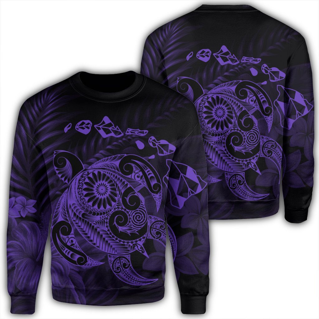 Hawaiian Map Turtle Tattoo Hibiscus Plumeria Polynesian Sweatshirt - Purple - AH Unisex Black - Polynesian Pride
