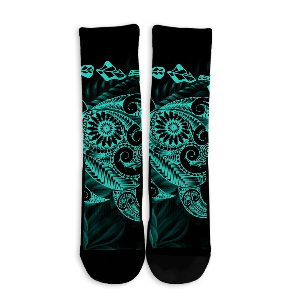 Hawaiian Map Turtle Tattoo Hibiscus Plumeria Polynesian Crew Socks - Turquoise - AH - Polynesian Pride