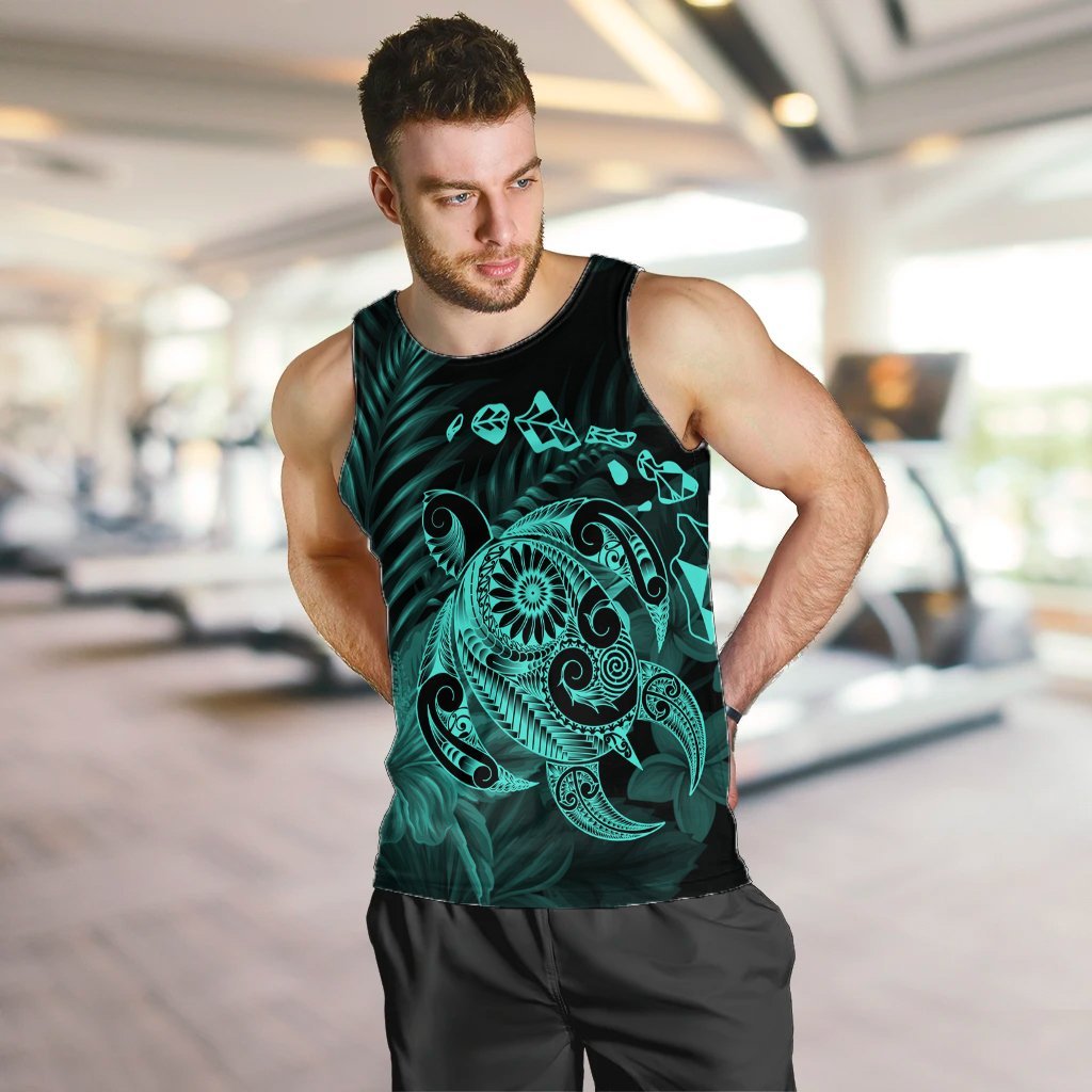 Hawaiian Map Turtle Tattoo Hibiscus Plumeria Polynesian Tank Top - Turquoise - AH - Polynesian Pride