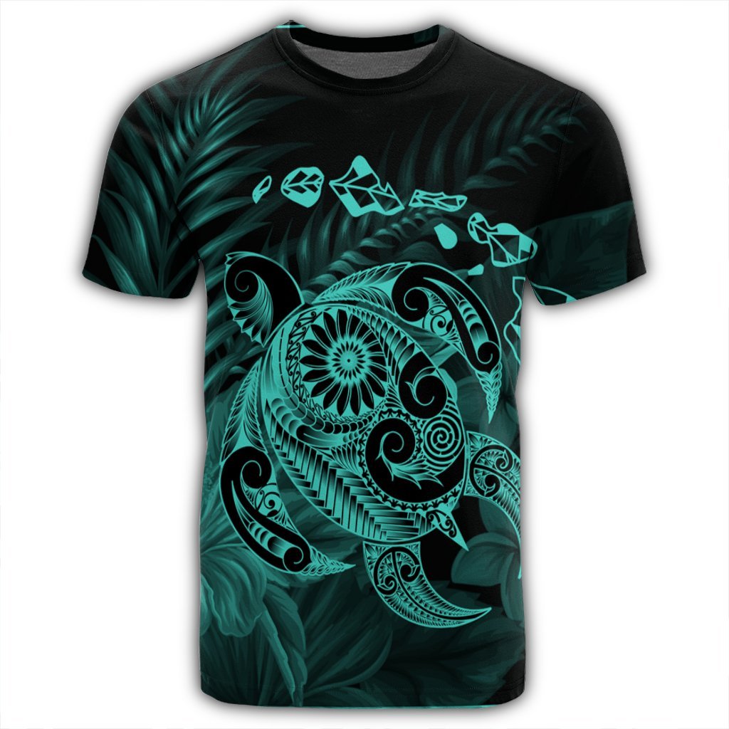 Hawaiian Map Turtle Tattoo Hibiscus Plumeria Polynesian T Shirt Turquoise AH - Polynesian Pride