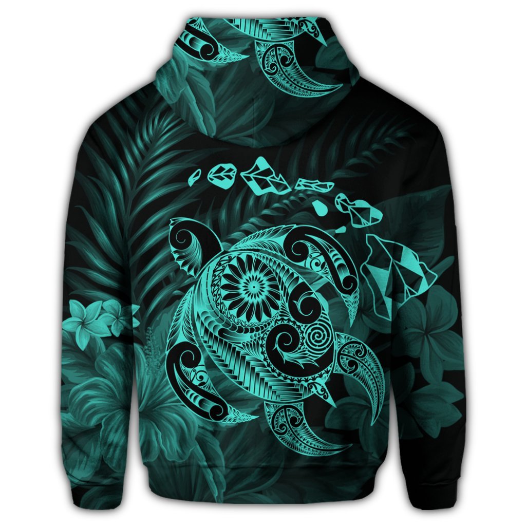 Hawaiian Map Turtle Tattoo Hibiscus Plumeria Polynesian Hoodie Turquoise - Polynesian Pride