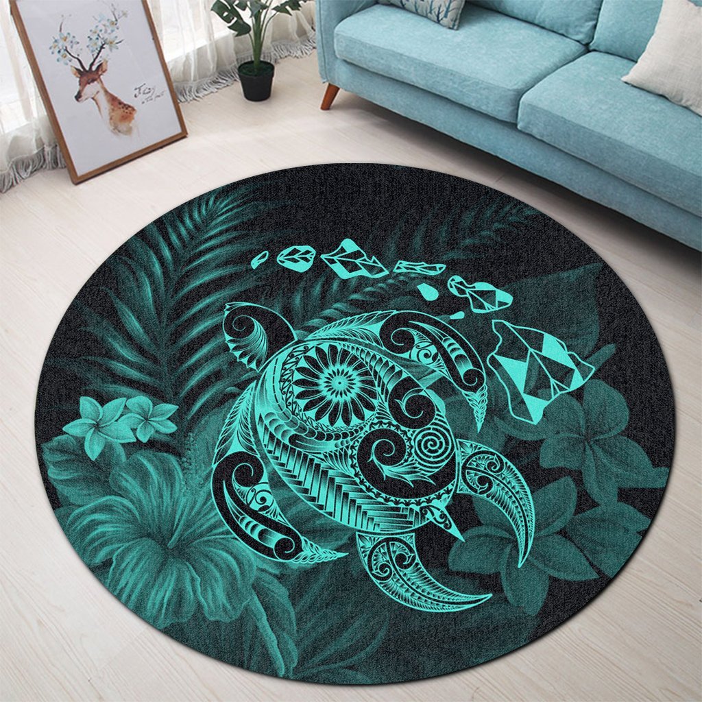 Hawaiian Map Turtle Tattoo Hibiscus Plumeria Polynesian Round Carpet - Turquoise - AH - Polynesian Pride