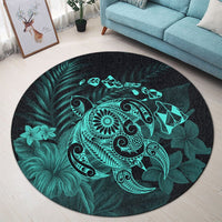 Hawaiian Map Turtle Tattoo Hibiscus Plumeria Polynesian Round Carpet - Turquoise - AH - Polynesian Pride