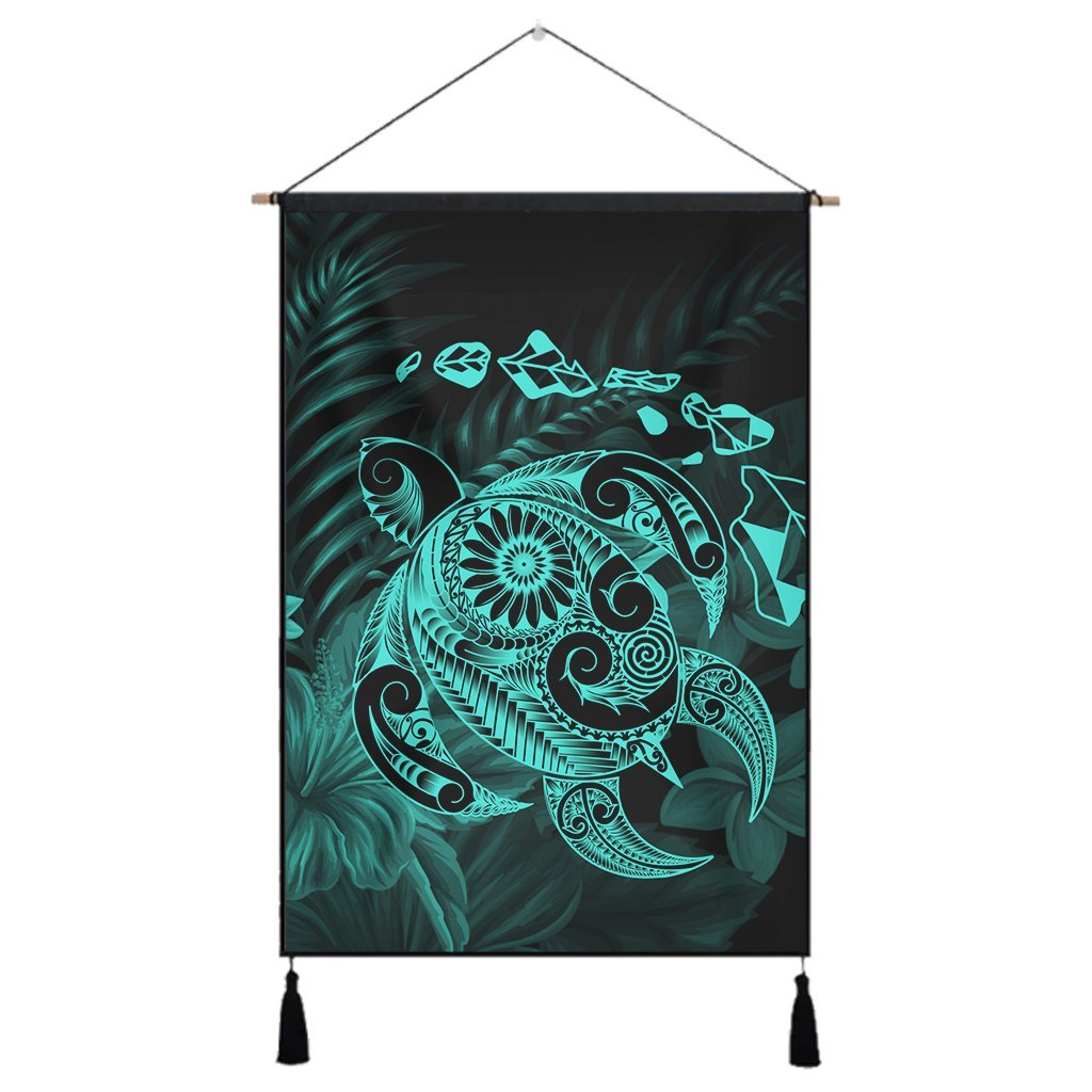 Hawaiian Map Turtle Tattoo Hibiscus Plumeria Polynesian Hanging Poster - Turquoise - AH Hanging Poster Cotton And Linen - Polynesian Pride