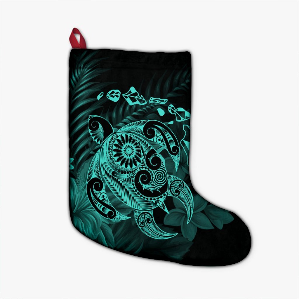 Hawaiian Map Turtle Tattoo Hibiscus Plumeria Polynesian Christmas Stocking - Turquoise - AH Christmas Stocking 26 X 42 cm Black - Polynesian Pride