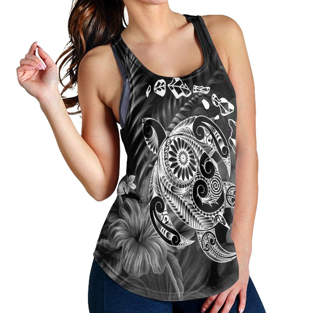 Hawaiian Map Turtle Tattoo Hibiscus Plumeria Polynesian Racerback Tank - White - AH - Polynesian Pride