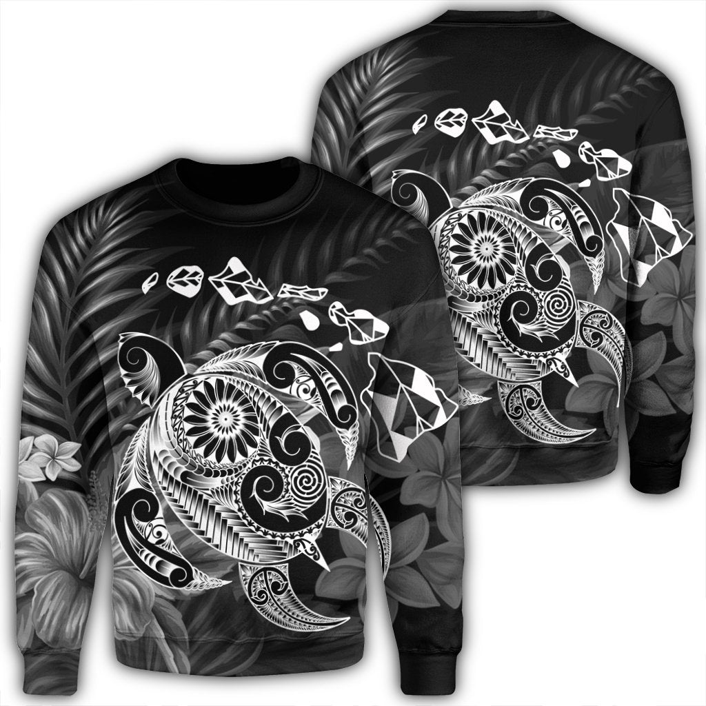 Hawaiian Map Turtle Tattoo Hibiscus Plumeria Polynesian Sweatshirt - White - AH Unisex Black - Polynesian Pride