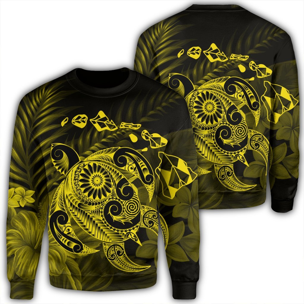 Hawaiian Map Turtle Tattoo Hibiscus Plumeria Polynesian Sweatshirt - Yellow - AH Unisex Black - Polynesian Pride