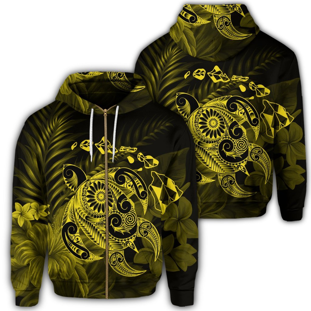 Hawaiian Map Turtle Tattoo Hibiscus Plumeria Polynesian Zip Hoodie Yellow Unisex Art - Polynesian Pride