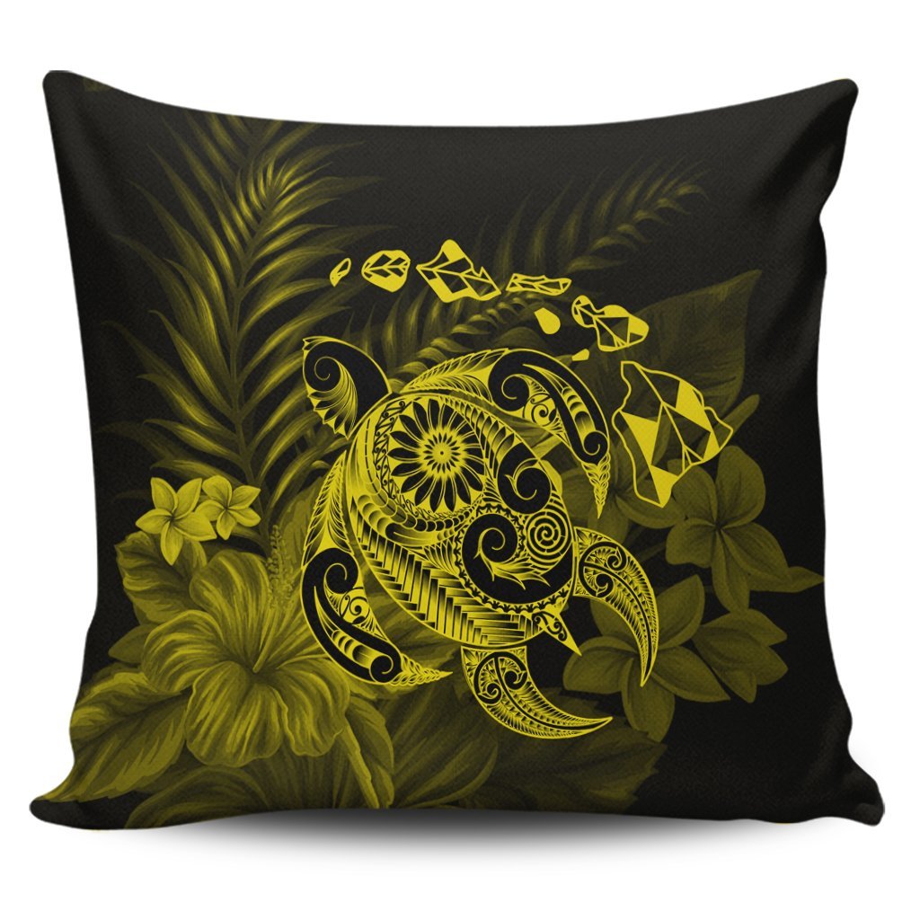 Hawaiian Map Turtle Tattoo Hibiscus Plumeria Polynesian Pillow Covers - Yellow - AH Pillow Covers Black - Polynesian Pride