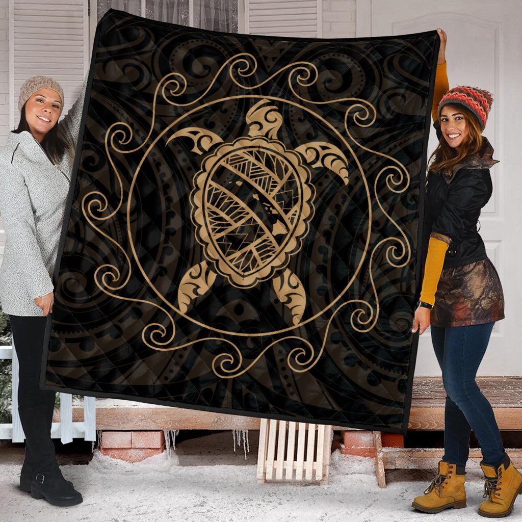 Hawaiian Map Turtle Wave Polynesian Premium Quilts Gold - AH - Polynesian Pride