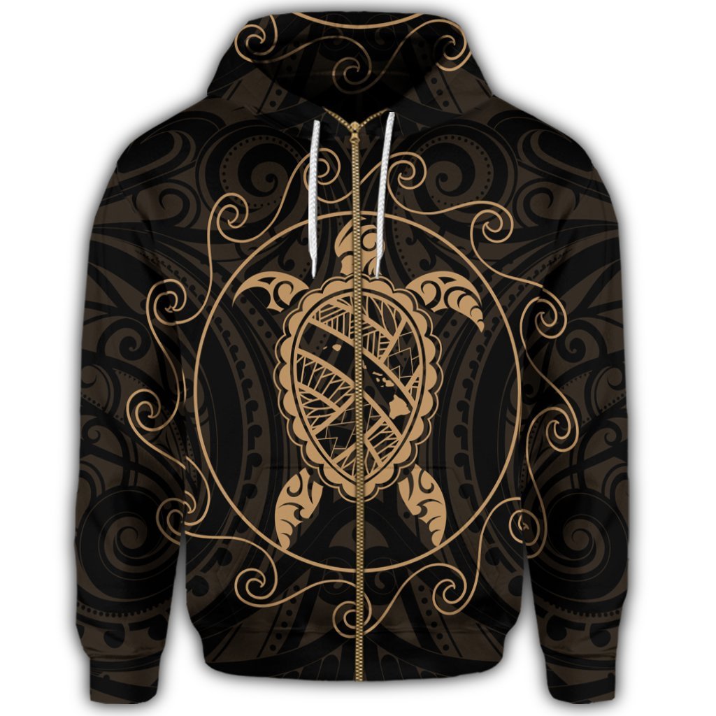 Hawaiian Map Turtle Wave Polynesian Zip Hoodie Gold - Polynesian Pride