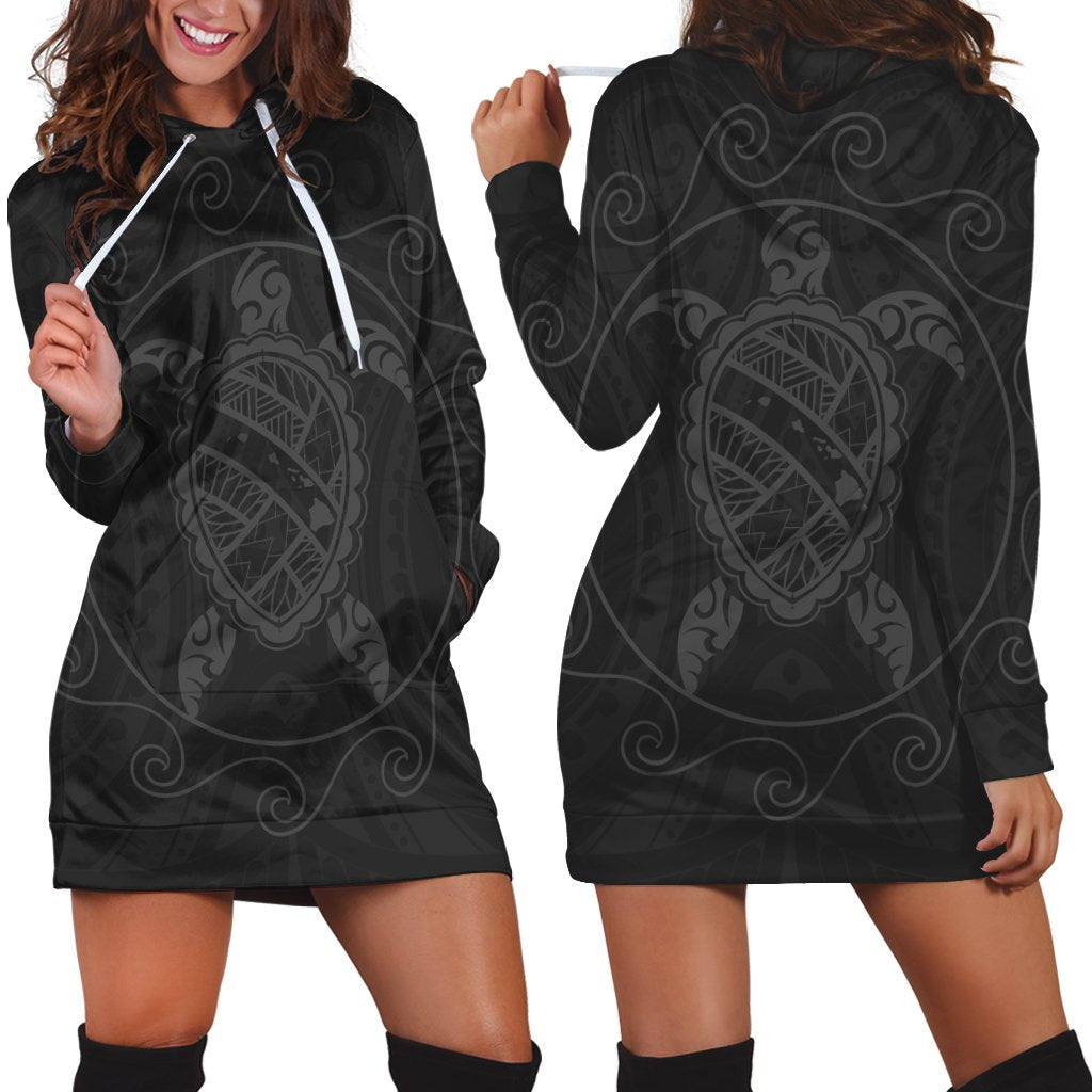 Hawaiian Map Turtle Wave Polynesian Hoodie Dress Gray - AH Black - Polynesian Pride