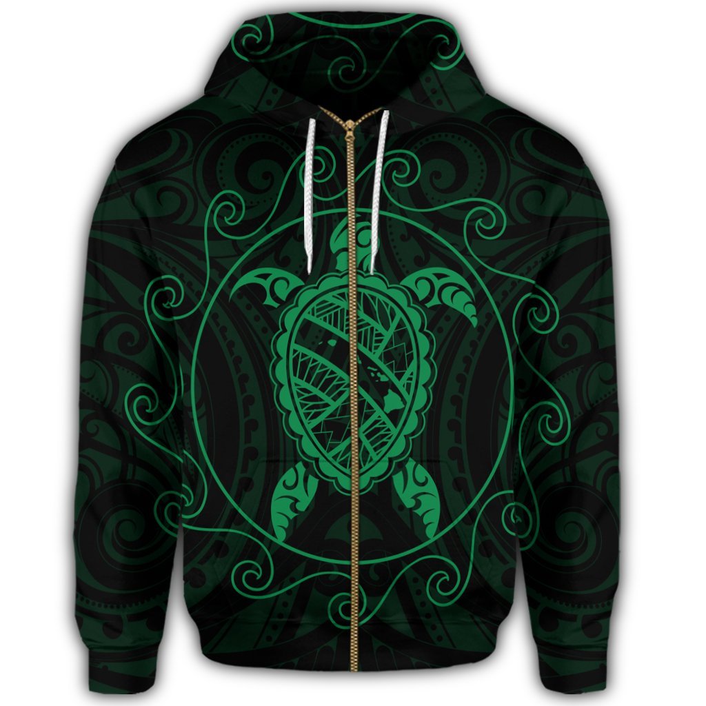 Hawaiian Map Turtle Wave Polynesian Zip Hoodie Green - Polynesian Pride