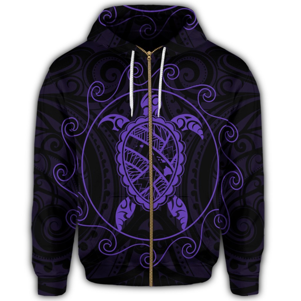 Hawaiian Map Turtle Wave Polynesian Zip Hoodie Purple - Polynesian Pride