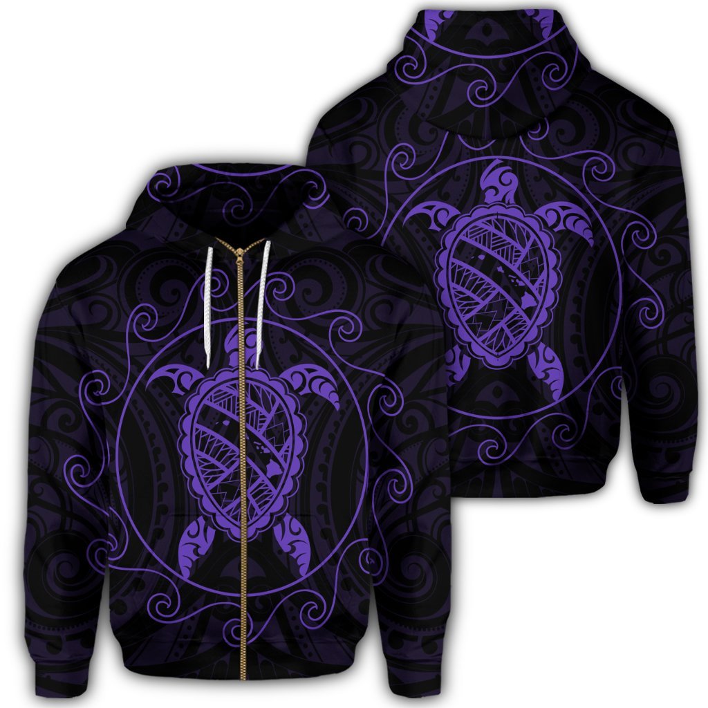 Hawaiian Map Turtle Wave Polynesian Zip Hoodie Purple Unisex Art - Polynesian Pride