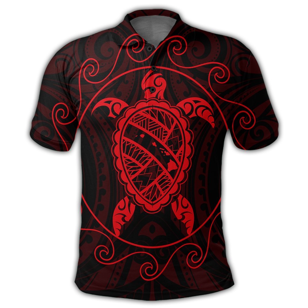 Hawaiian Map Turtle Wave Polynesian Polo Shirt Red - Polynesian Pride