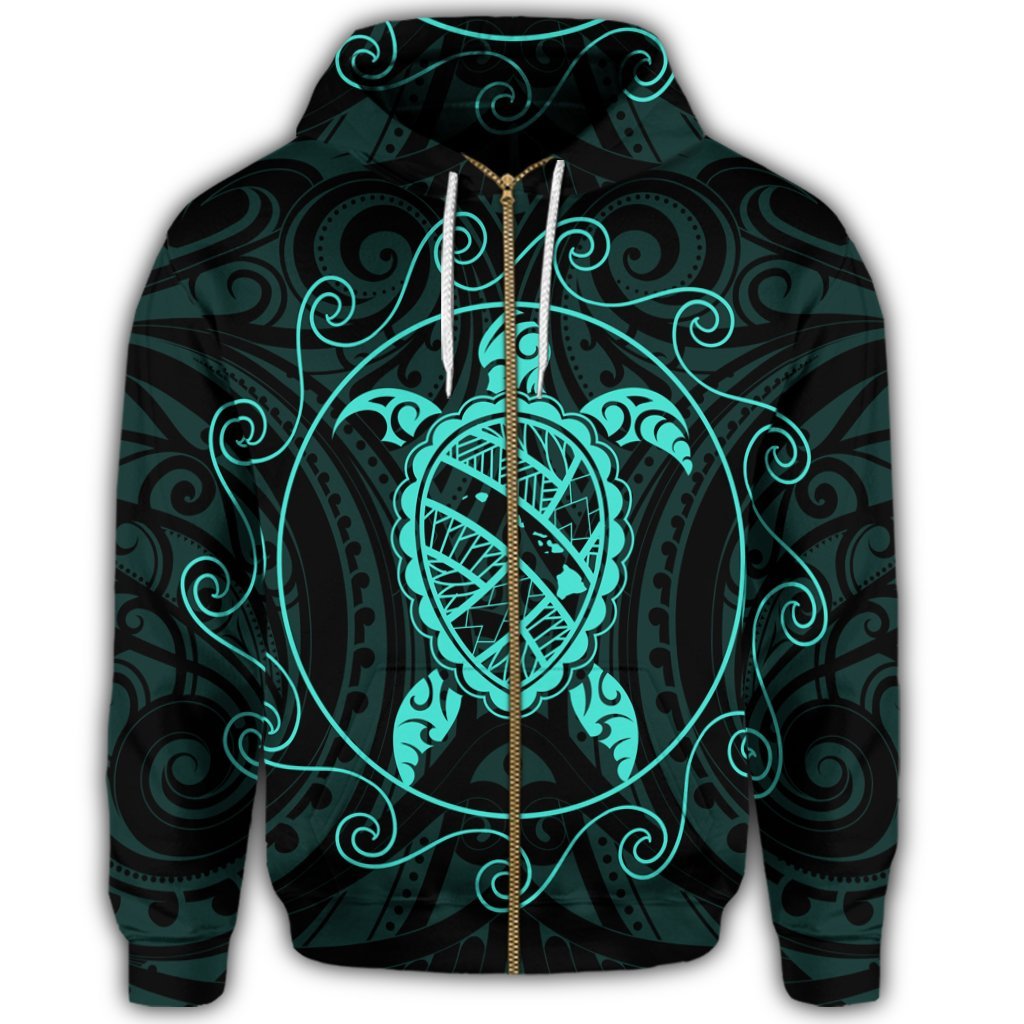 Hawaiian Map Turtle Wave Polynesian Zip Hoodie Turquoise - Polynesian Pride