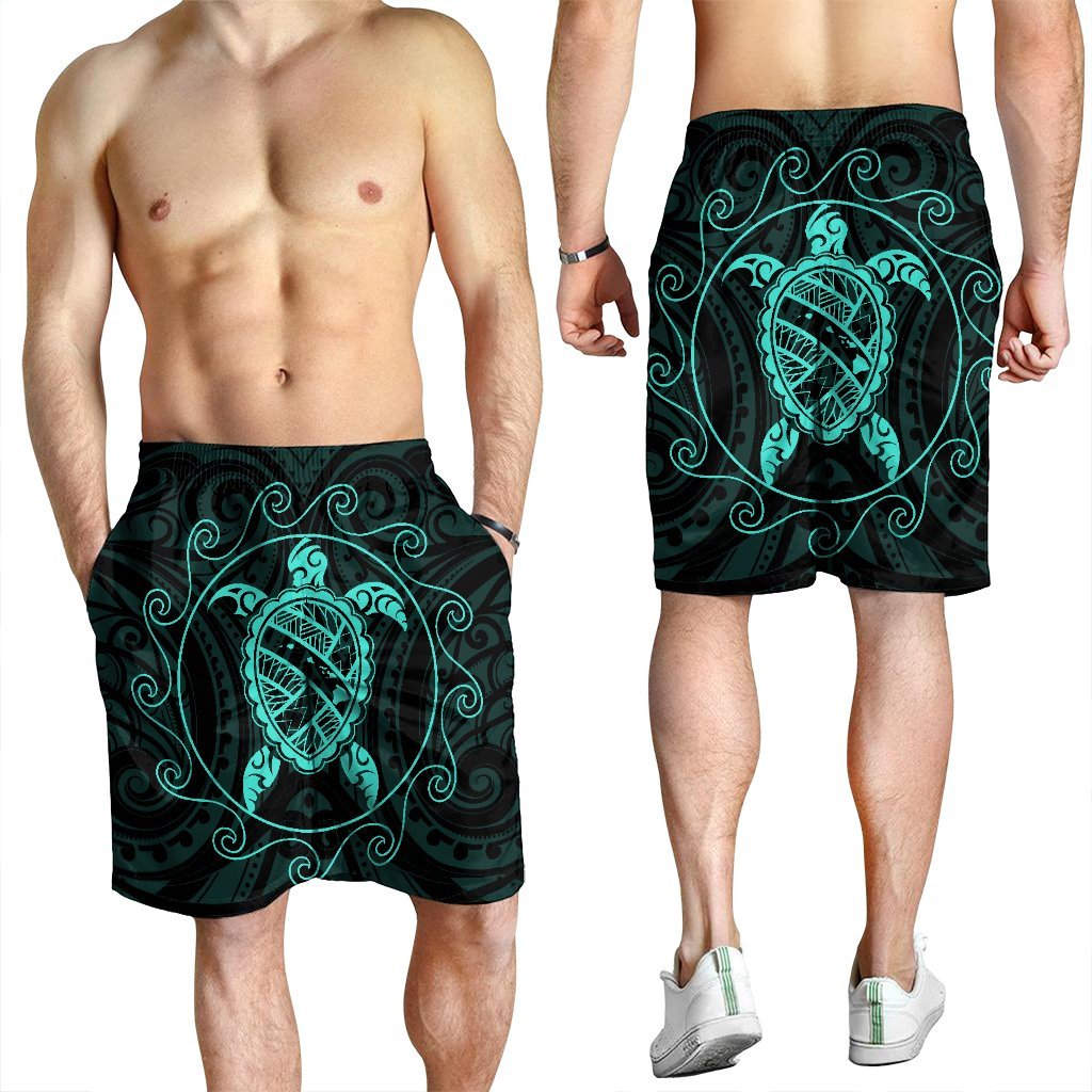 Hawaiian Map Turtle Wave Polynesian Men's Shorts Turquoise - AH - Polynesian Pride