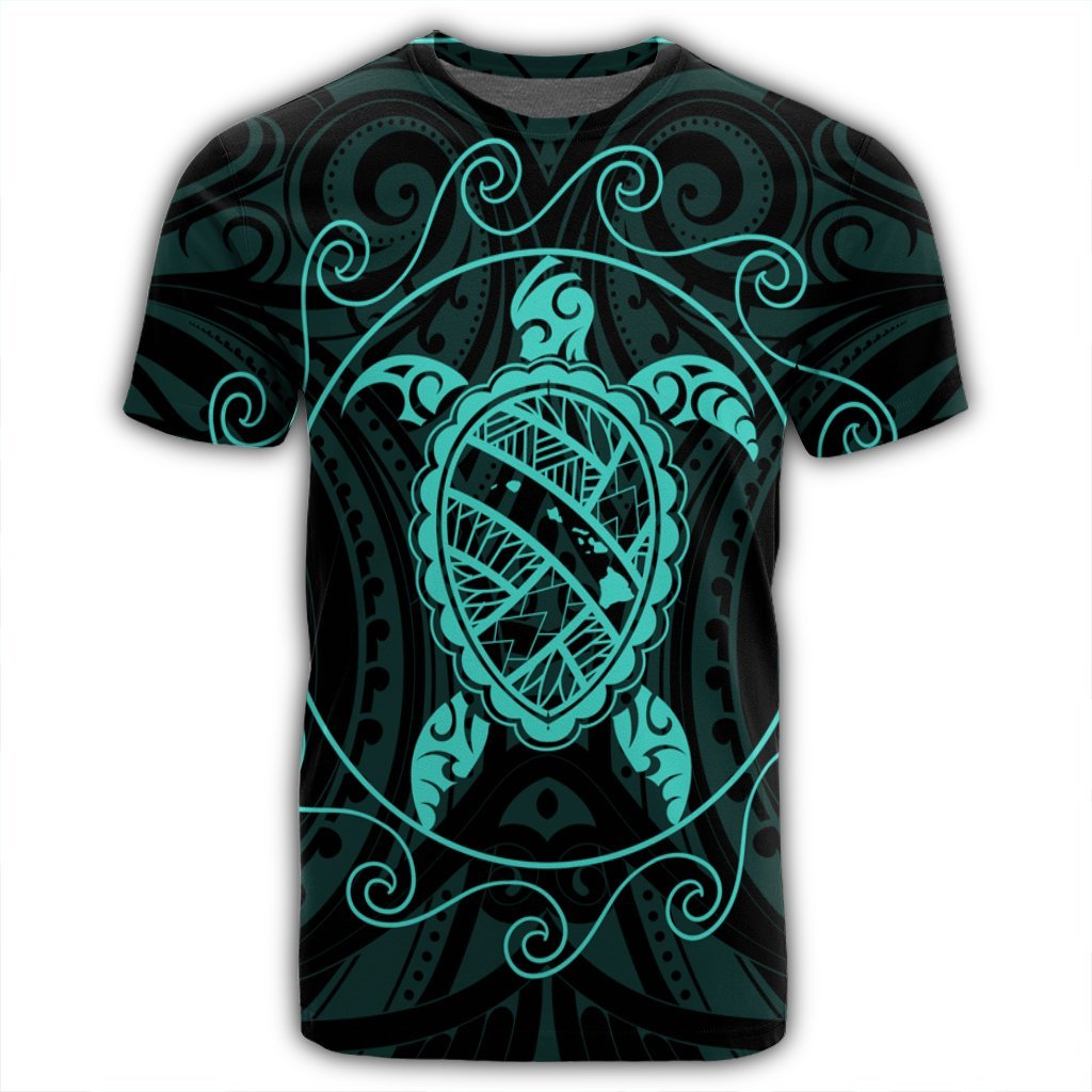 Hawaiian Map Turtle Wave Polynesian T Shirt Turquoise AH - Polynesian Pride