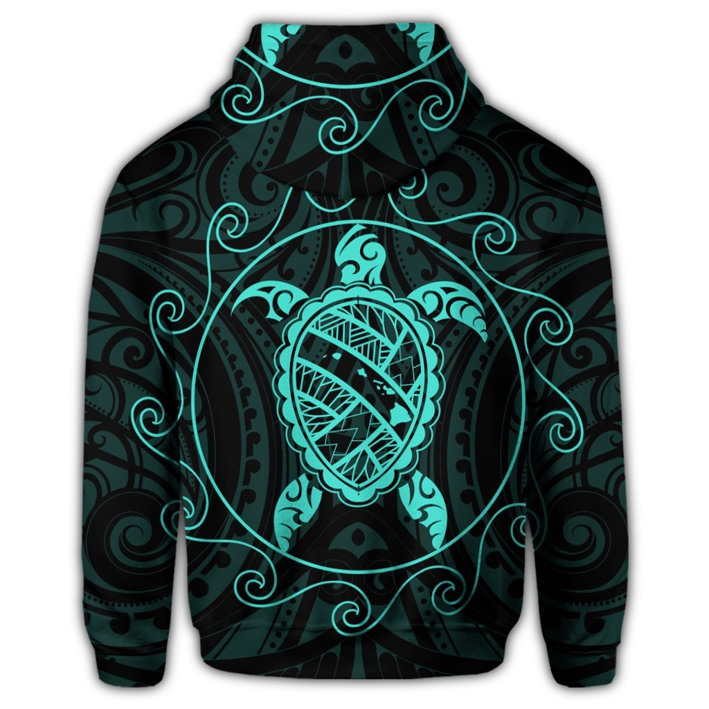 Hawaiian Map Turtle Wave Polynesian Zip Hoodie Turquoise - Polynesian Pride