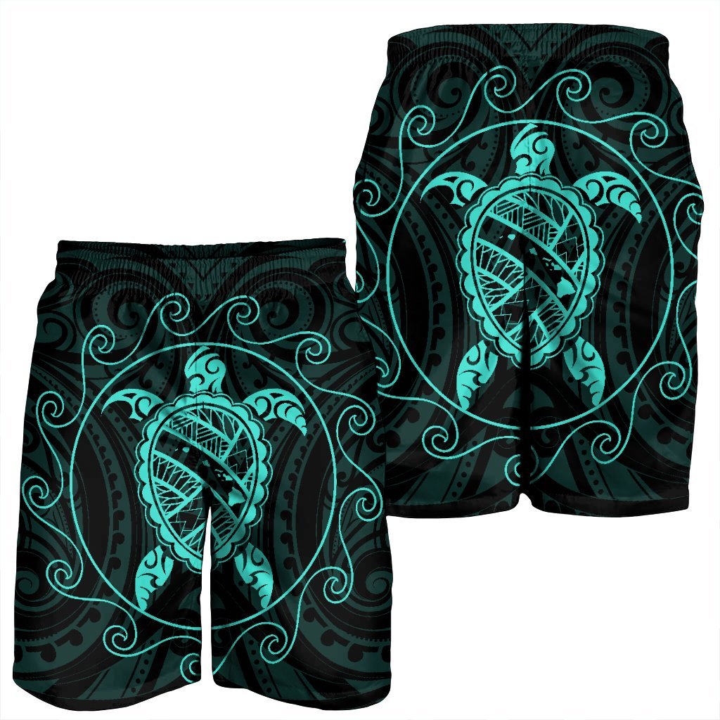 Hawaiian Map Turtle Wave Polynesian Men's Shorts Turquoise - AH - Polynesian Pride