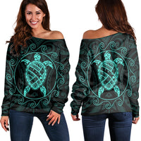 Hawaiian Map Turtle Wave Polynesian Women's Off Shoulder Sweater Turquoise - AH Black - Polynesian Pride
