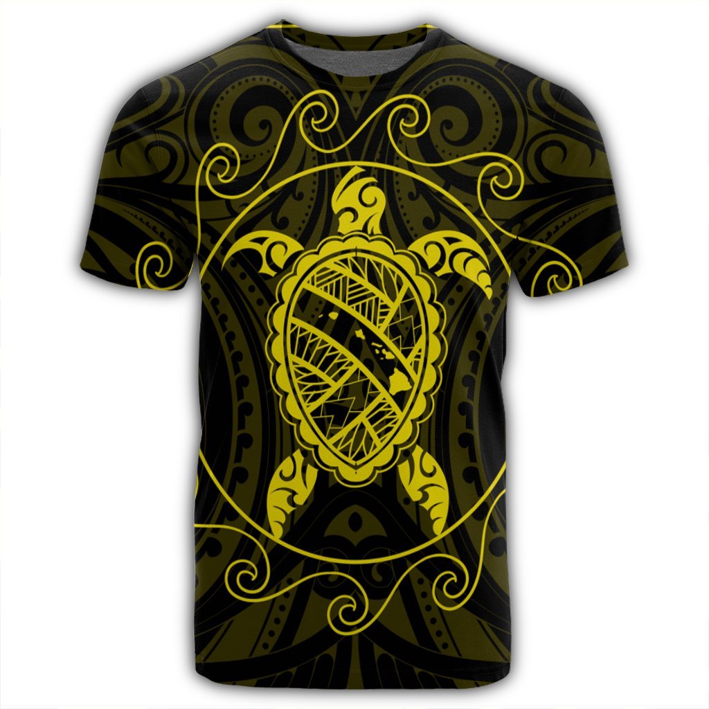 Hawaiian Map Turtle Wave Polynesian T Shirt Yellow AH - Polynesian Pride