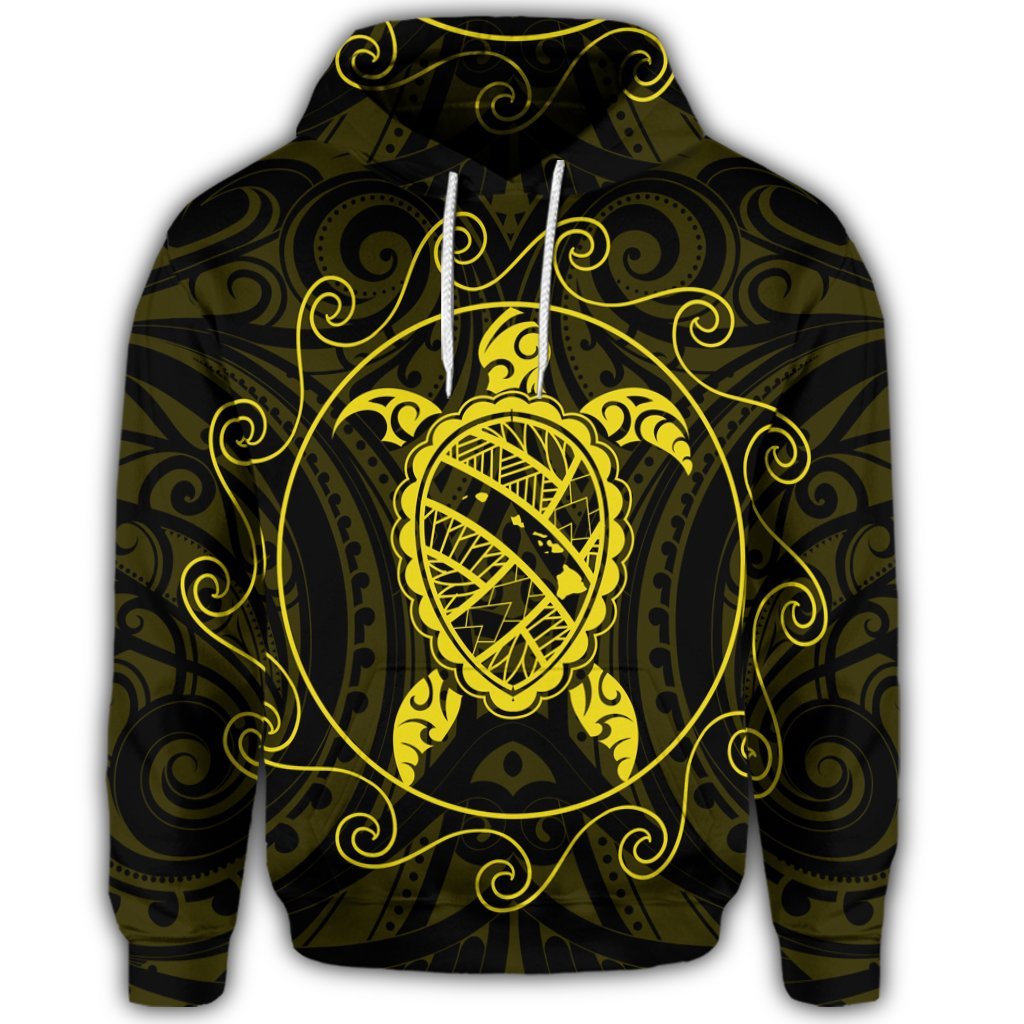 Hawaiian Map Turtle Wave Polynesian Hoodie Yellow - Polynesian Pride