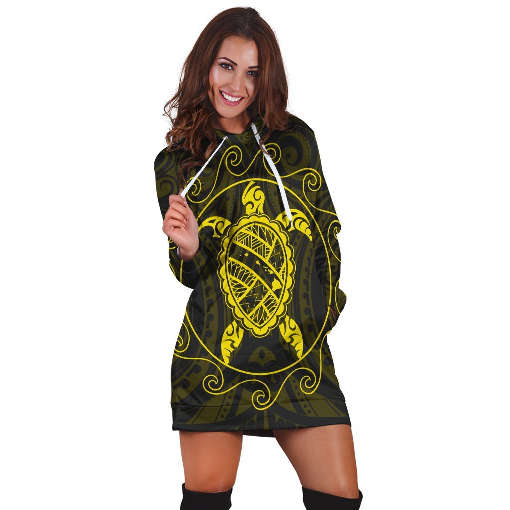 Hawaiian Map Turtle Wave Polynesian Hoodie Dress Yellow - AH - Polynesian Pride