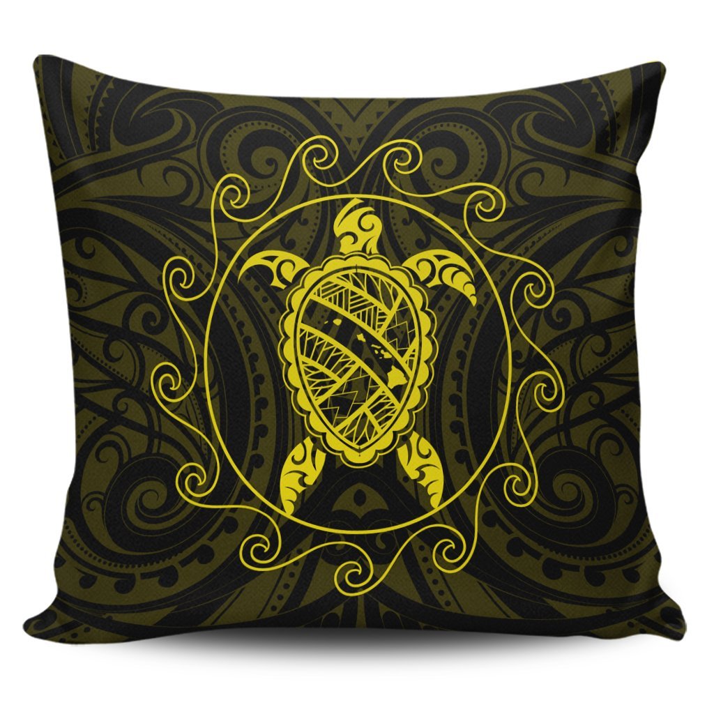 Hawaiian Map Turtle Wave Polynesian Pillow Covers Yellow - AH Pillow Covers Black - Polynesian Pride